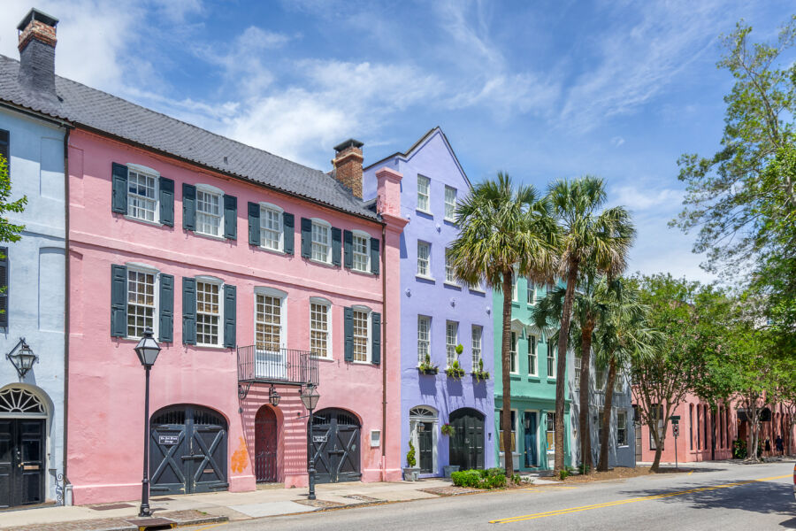 Colorful historic houses line Rainbow Row in Charleston, South Carolina