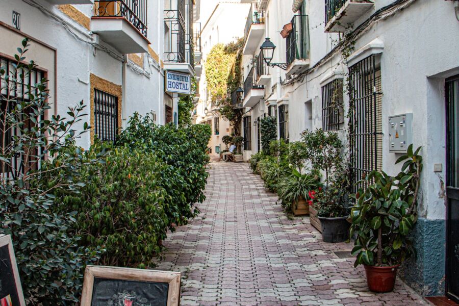 Charming Mediterranean alley with cobblestones, potted plants, balconies, and soft lighting.