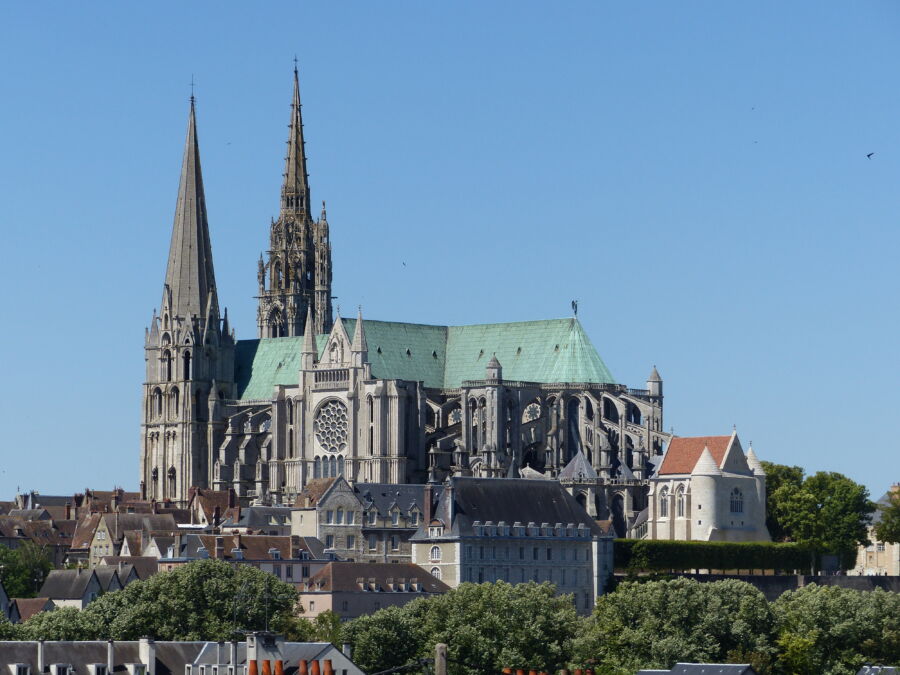 Stunning view of Chartres Cathedral against the skyline of Chartres, France, showcasing its intricate architecture and beauty