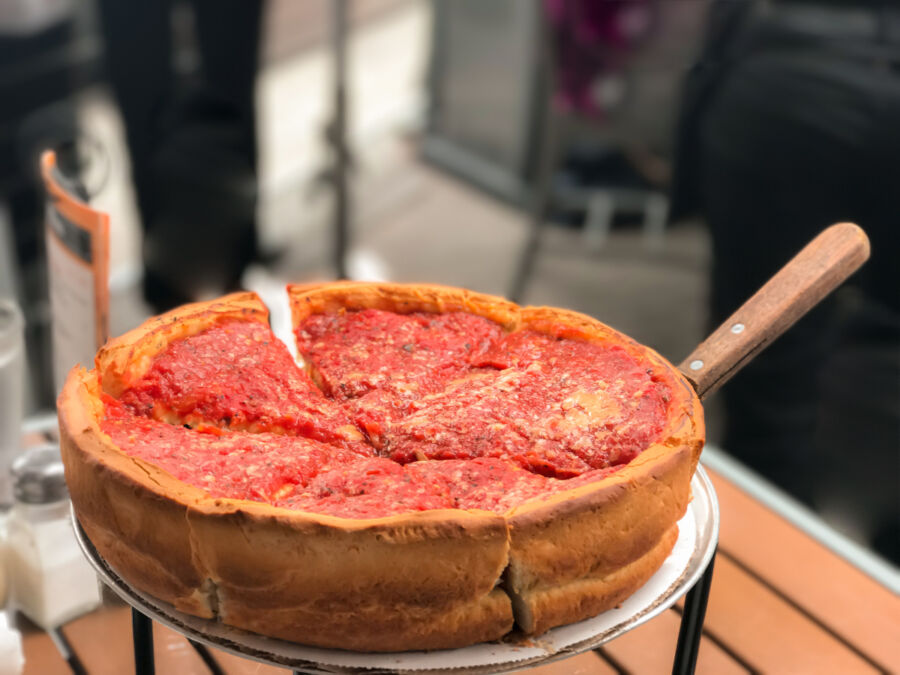 Close-up of the delicious deep-dish pizza from Chicago