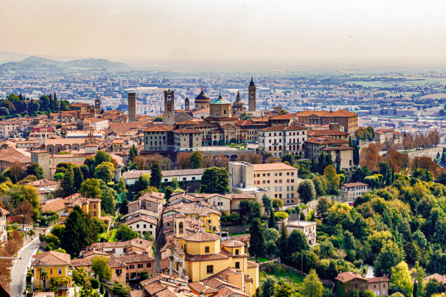 Panoramic view of Upper Old City Citta Alta in Bergamo, showcasing its historic buildings and charming architecture.