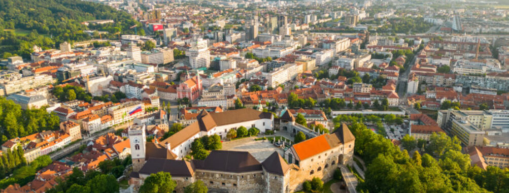 Aerial view of Ljubljana, Slovenia, showcasing the city's architecture and green spaces from a drone perspective