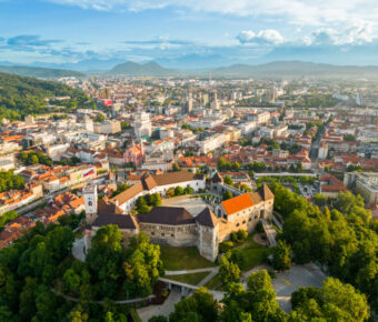 Aerial view of Ljubljana, Slovenia, showcasing the city's architecture and green spaces from a drone perspective