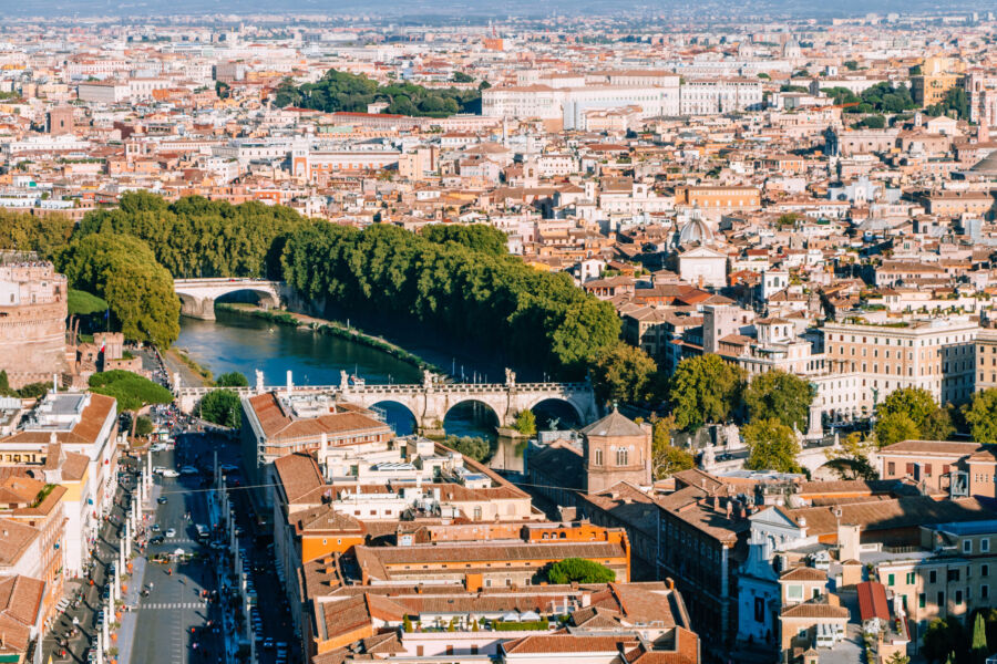 Aerial view of Rome's architecture, showcasing the city's historic buildings and vibrant urban landscape.