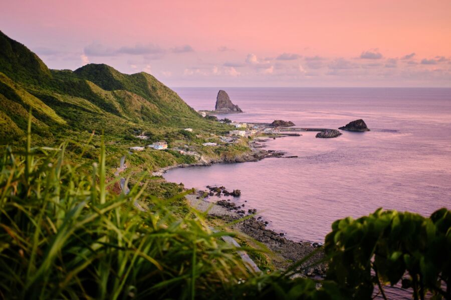 Sunset over Lanyu Island: lush hills, coasta