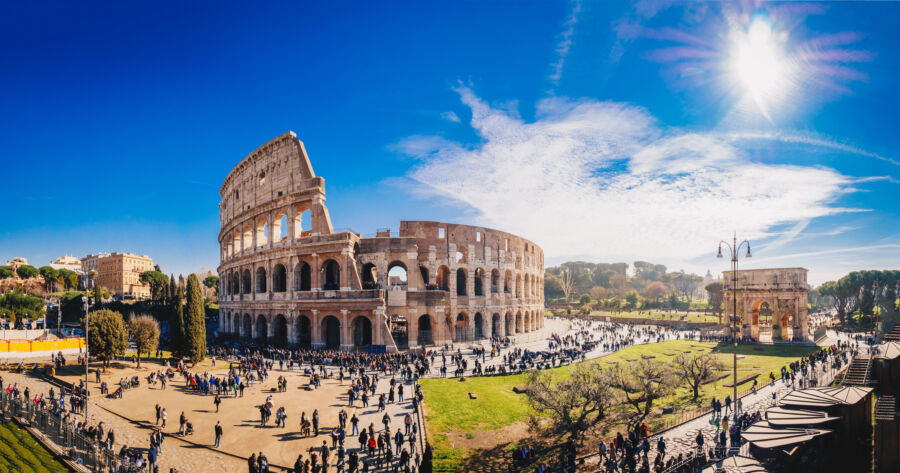 Panoramic view of the Roman Colosseum in Rome, Italy, showcasing its grandeur and historical significance