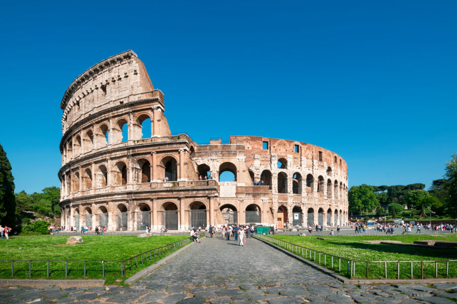 The Colosseum in Rome, Italy, showcasing ancient architecture with its iconic arches and grand structure