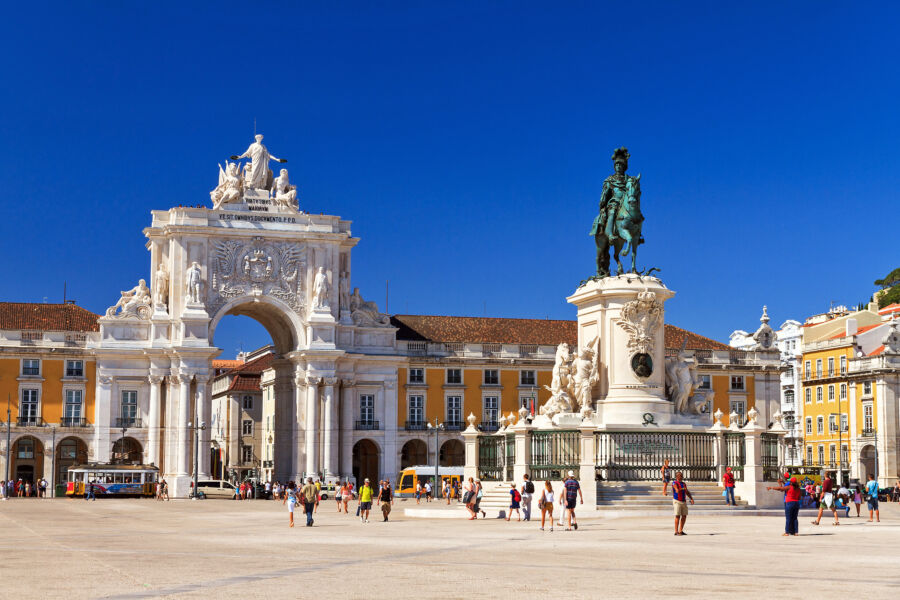 The majestic gate and King Jose statue stand proudly in Commerce Square, capturing the essence of Lisbon's rich history