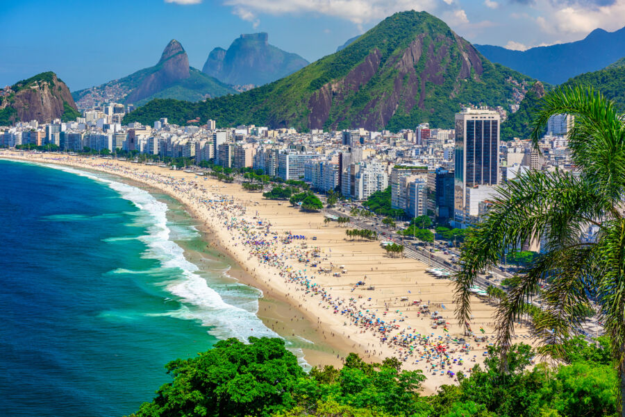 Panoramic view of Copacabana Beach, showcasing its golden sands and vibrant atmosphere in Rio de Janeiro, Brazil.