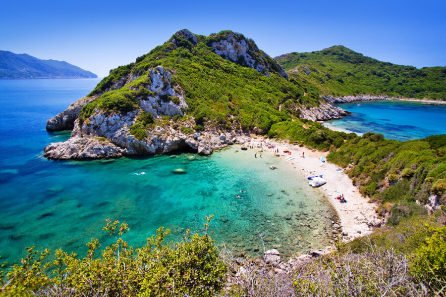 Scenic view of Porto Timoni beach near Agios Stefanos in Corfu, Greece