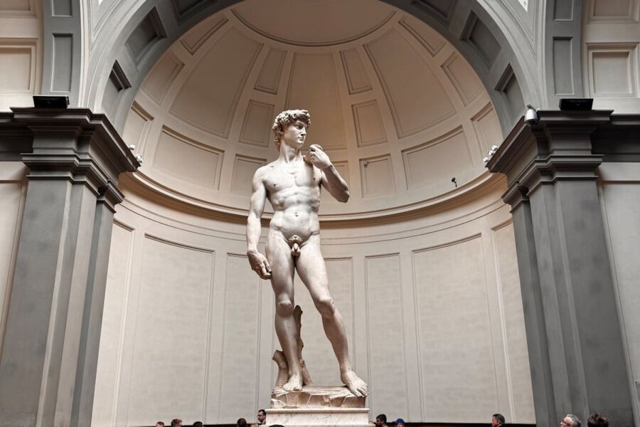 Iconic Michelangelos David sculpture in majestic museum setting with admiring crowd.