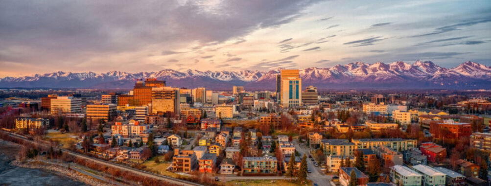 Aerial View of a Sunset over Downtown Anchorage, Alaska