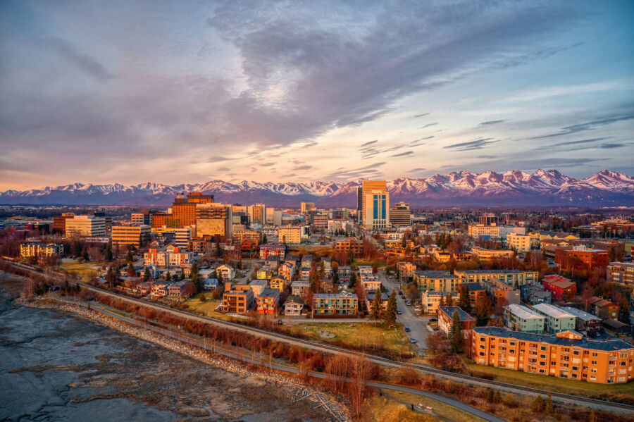 Aerial View of a Sunset over Downtown Anchorage, Alaska