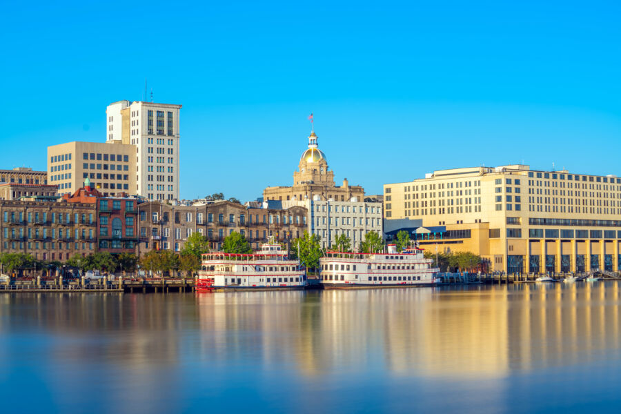 Panoramic view of downtown Savannah, Georgia, showcasing the Riverfront with historic buildings