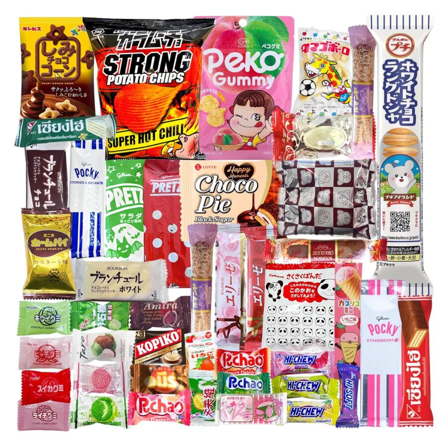 Vibrant Asian snacks assortment with spicy chips, sweets, and candy packaging.