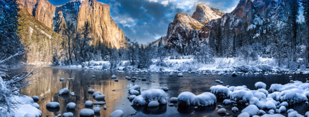 Panoramic Winter Sunrise Reflections on Yosemite Valley View, Yosemite National Park, California