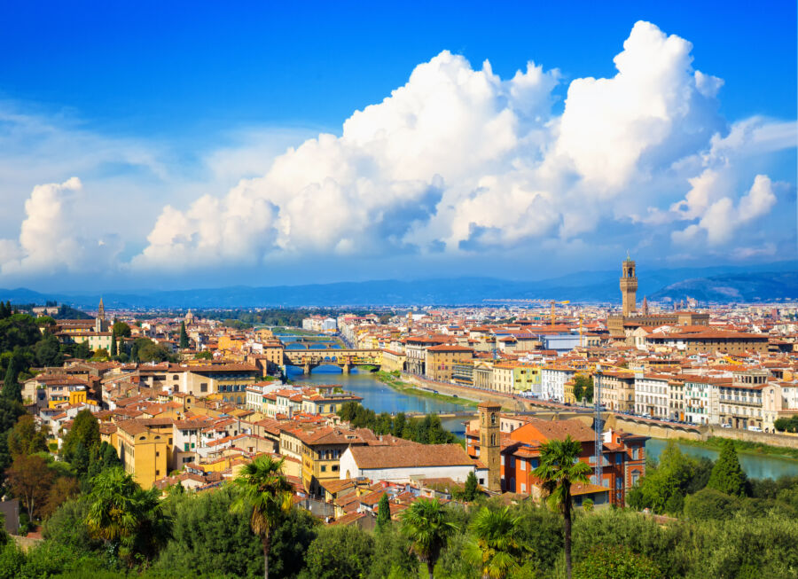 Aerial view showcasing the stunning Cathedral of Santa Maria del Fiore in Florence, Italy, highlighting its iconic dome and architecture