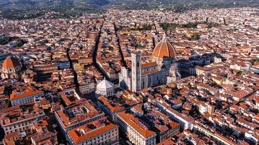 Aerial view of the Cathedral of Santa Maria del Fiore in Florence, Italy