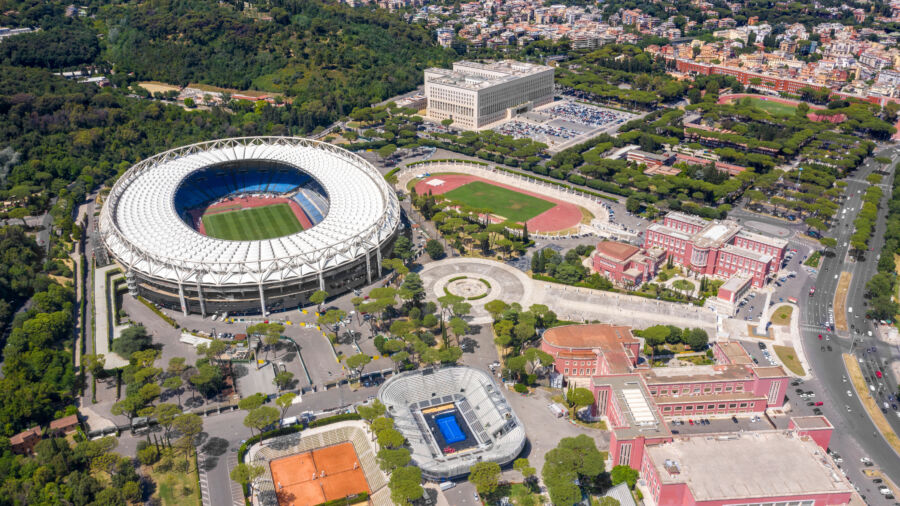 Aerial view of Foro Italico, a sports complex in Rome, Italy, located on the slopes of Monte Mario