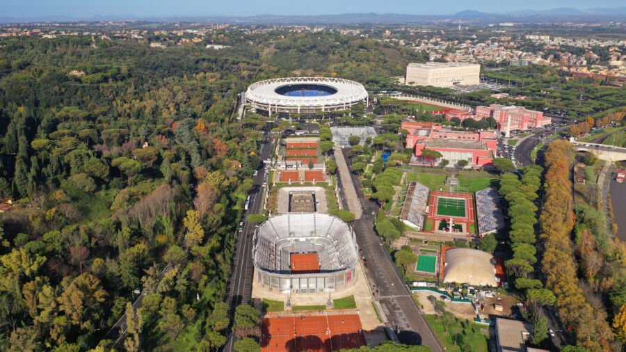 Aerial view of Foro Italico's tennis and swimming facilities, showcasing Rome's iconic sports complex