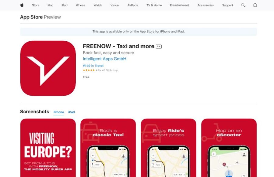 FREENOW app in Apple app store