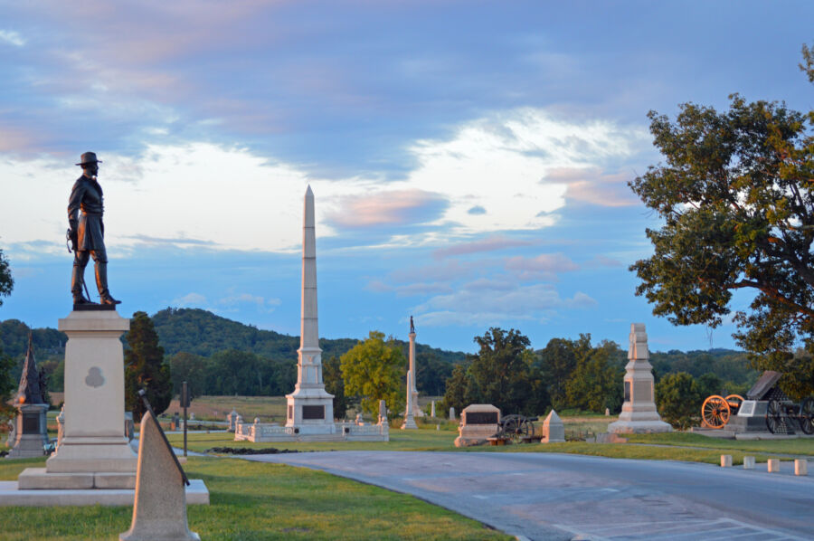 Expansive view of Gettysburg National Military Park, highlighting significant monuments amidst the scenic Pennsylvania terrain