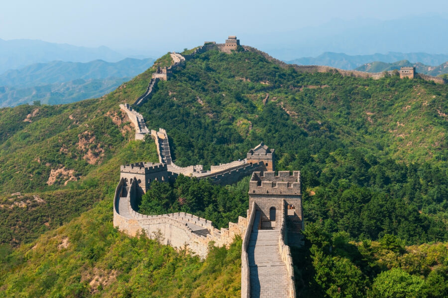 Panoramic view of the Great Wall of China, stretching majestically across the landscape near Beijing, China