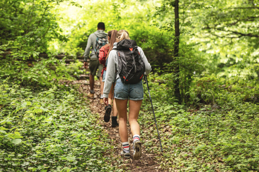 Friends hiking together on a trail, sharing laughter and camaraderie amidst beautiful natural surroundings.