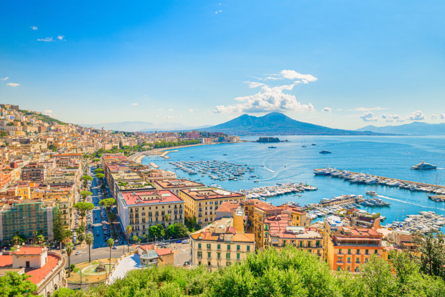 Scenic view of the Gulf of Naples from Posillipo hill, with Mount Vesuvius visible in the distance