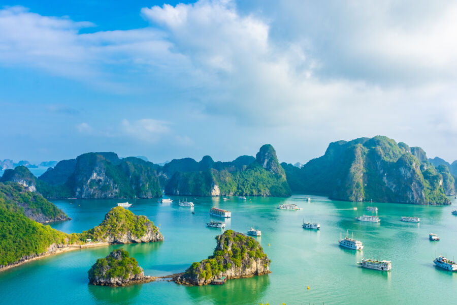 Scenic view of Ha Long Bay, Vietnam, showcasing its stunning limestone islands and tranquil waters