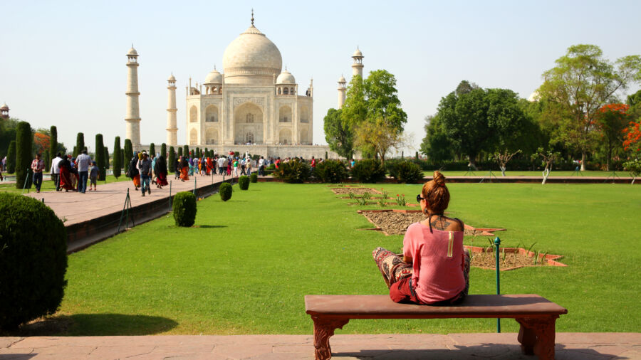 Caucasian woman at Taj Mahal