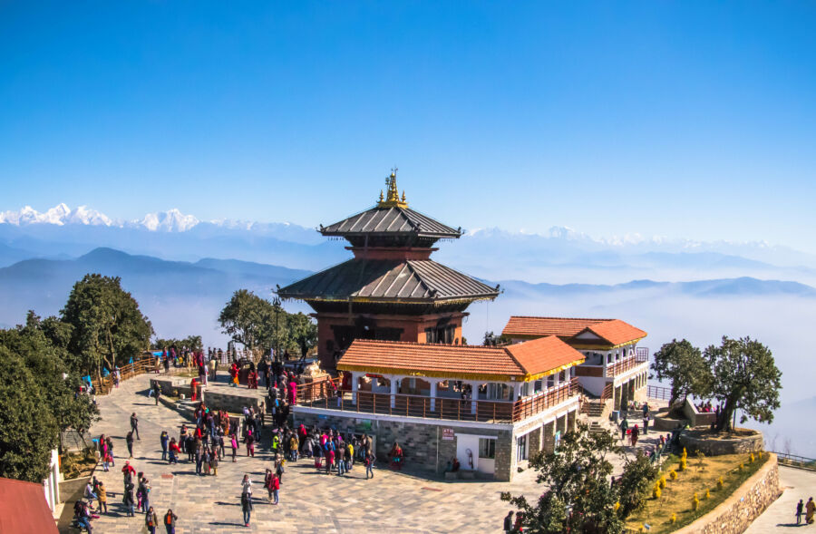 Bhaleshwor Mahadev Temple with the majestic Himalayas in the background, located in Kathmandu, Nepal