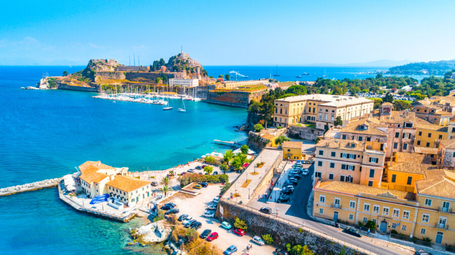 Scenic panorama of Kerkyra, Corfu's capital, featuring its charming architecture and stunning coastal landscape