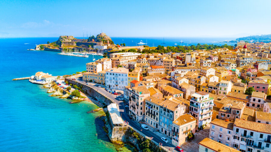 Panoramic view of Kerkyra, the capital of Corfu island, showcasing its historic architecture and vibrant coastal scenery