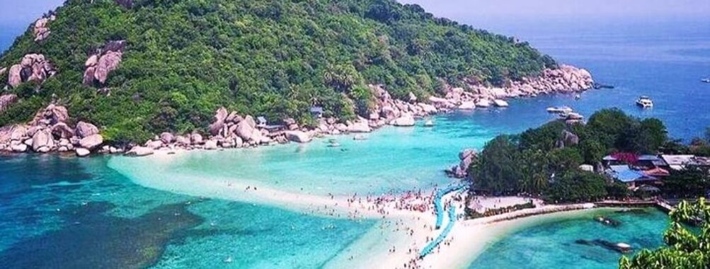 Crystal blue waters in an aerial shot in Koh Tao