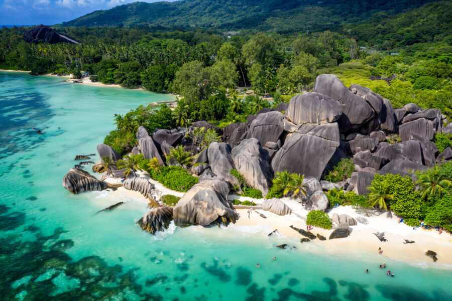 Aerial view of La Digue, showcasing its stunning beaches and lush greenery in Seychelles, East Africa