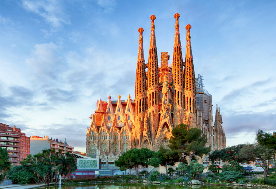 La Sagrada Familia in Barcelona, Spain, features remarkable architectural details and soaring towers, a masterpiece of design