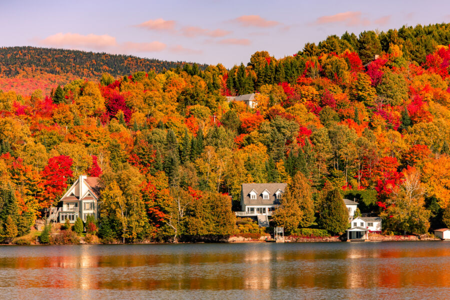 Panoramic view of autumn foliage at Lac-Superieur, Mont-Tremblant, showcasing vibrant colors in Quebec, Canada