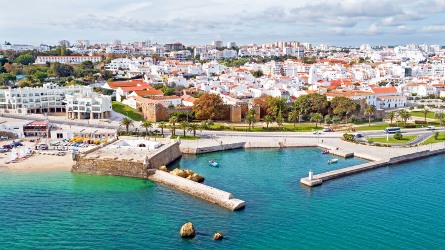 Aerial from the city Lagos with the Forte da Bandeira in Portugal