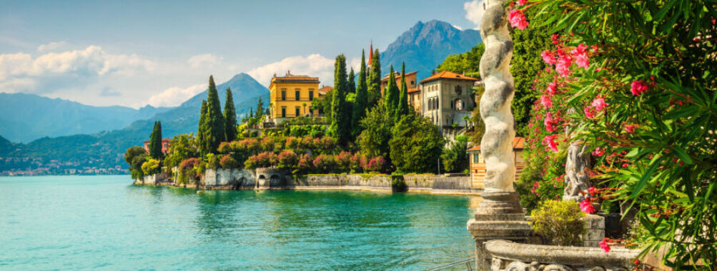 Oleander flowers and villa Monastero in background, lake Como.