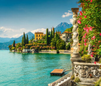 Oleander flowers and villa Monastero in background, lake Como.