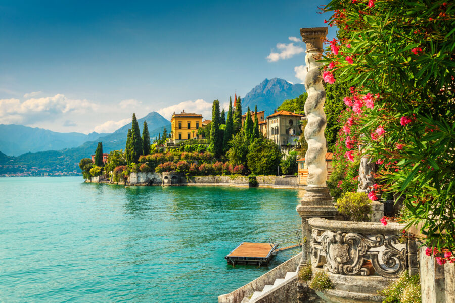 Oleander flowers and villa Monastero in background, lake Como.