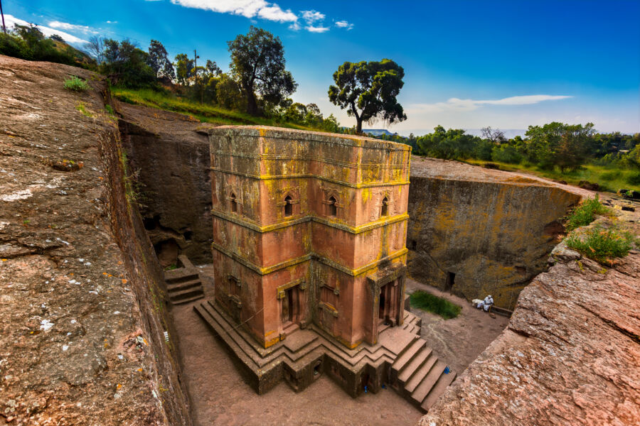 Ethiopia, Lalibela. Monolithic church of Saint George (Bet Giyorgis in Amharic) in the shape of a cross.