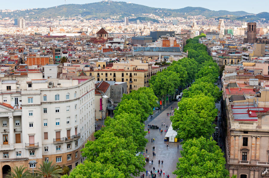 Aerial view of Las Ramblas in Barcelona, showcasing vibrant street life and iconic architecture in Spain