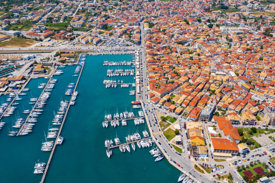 Aerial view of Lefkada town and marina, showcasing the vibrant landscape of the Ionian island in Greece