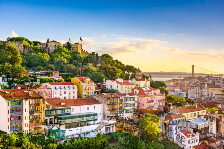 Beautiful Lisbon cityscape with its unique skyline, blending historic charm and modern vibrancy against a bright sky