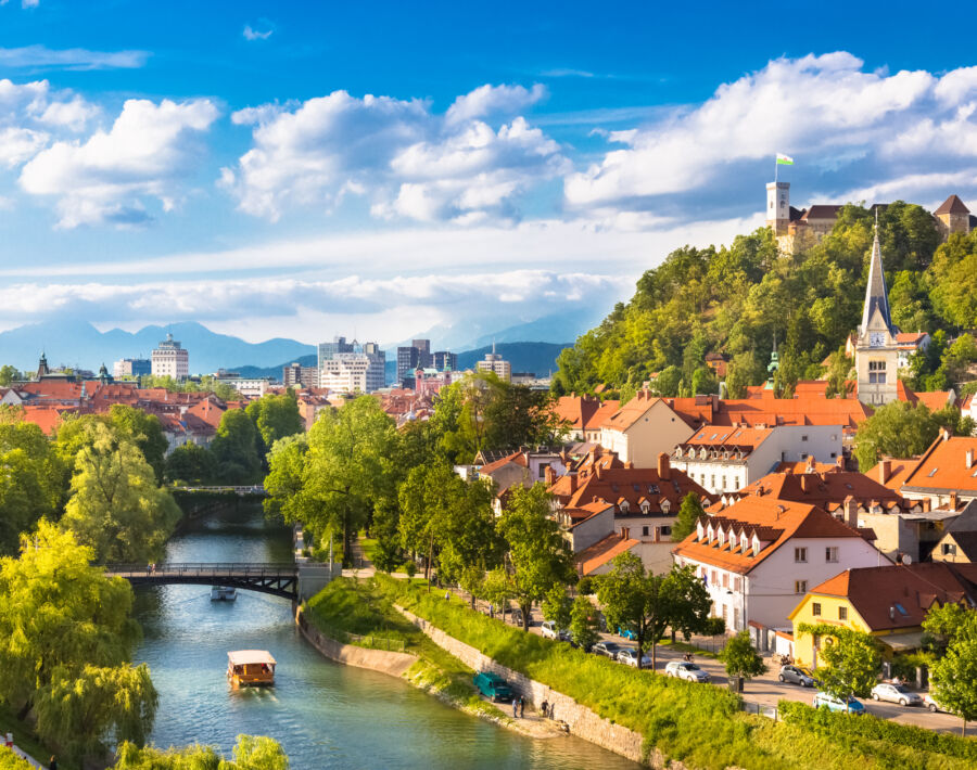 Scenic panorama of Ljubljana, Slovenia, featuring the city's distinctive architecture and vibrant urban landscape