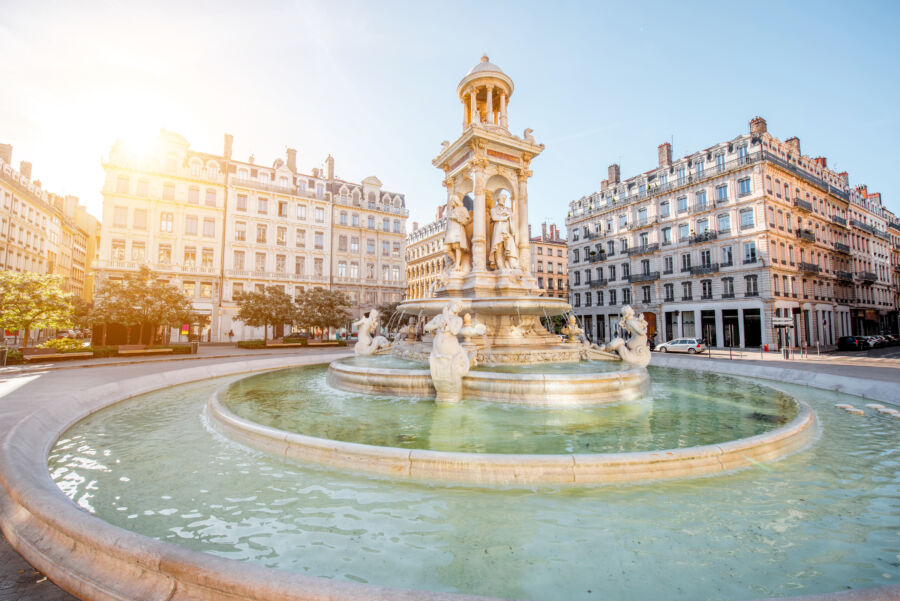 Morning view on Jacobins square and beautiful fountain in Lyon city, France