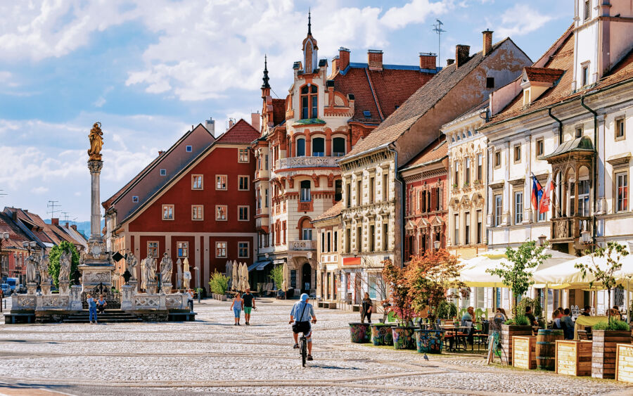 The central square of Maribor features the Town Hall and Plague Column, highlighting the rich history of Slovenia's Lower Styria