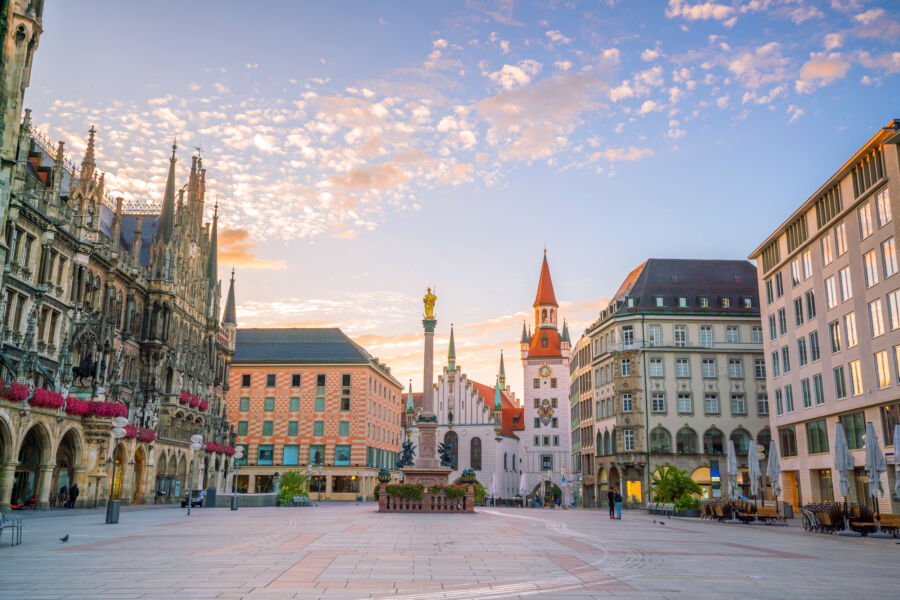 Sunset view of Old Town Hall and historic buildings at Marienplatz Square in Munich, showcasing architectural beauty